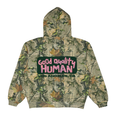 Good Quality Human camo zip-up hoodie with bold pink and green back graphic – Los Angeles, CA streetwear design