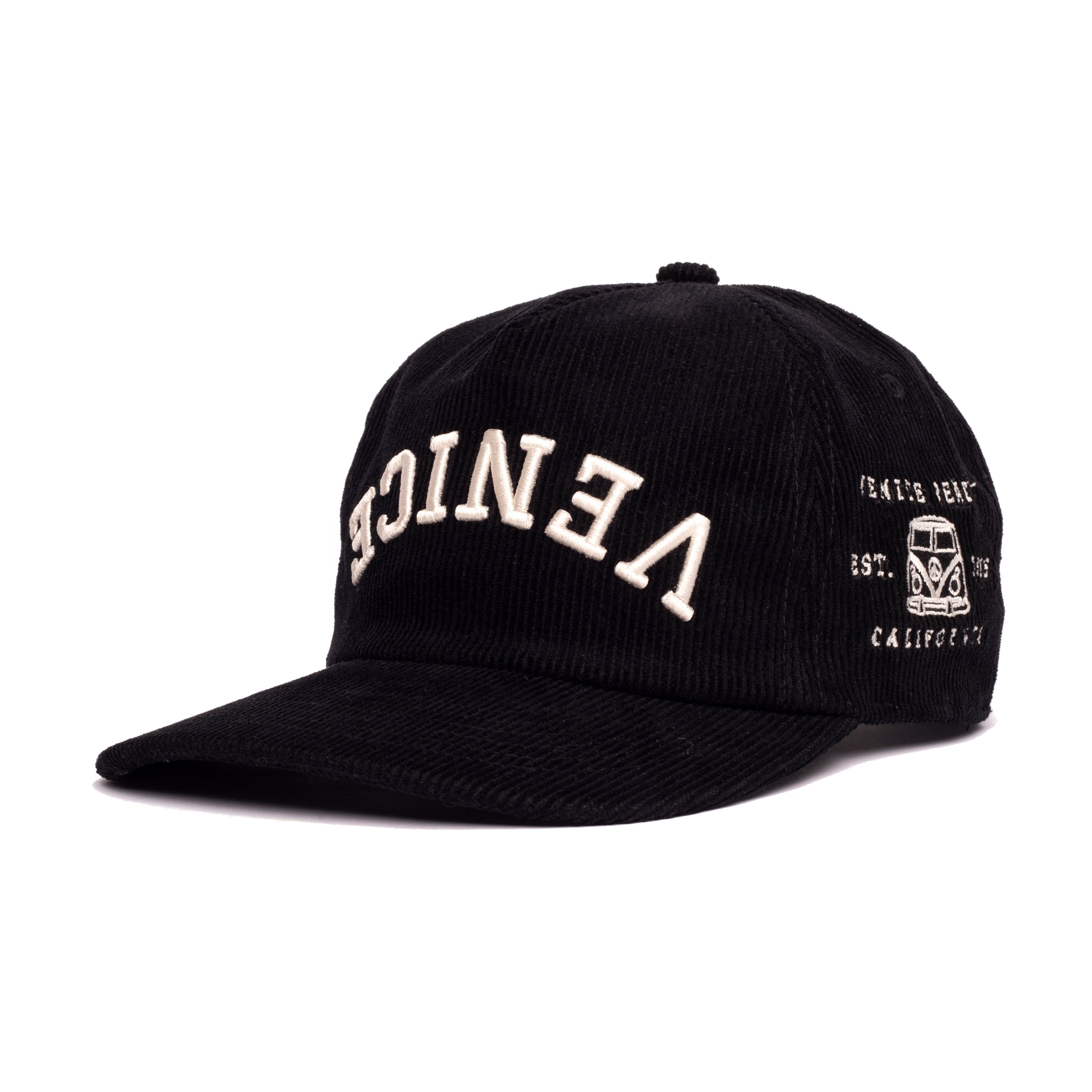 Good Quality human Venice Rebel Unconstructured Corduroy Hat in black side with Venice Beach California van stitching